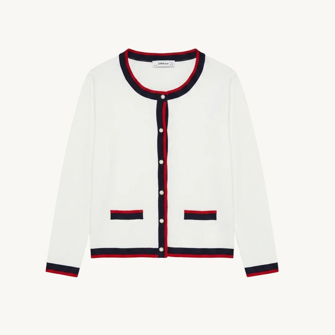 Cárdigan Zara Knit - Blanco con Ribetes en Contraste