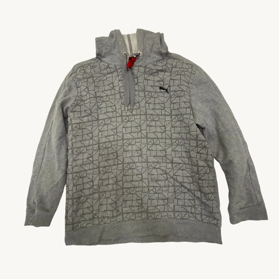 Puma Poleron con Capucha Gris Jaspeado con Patrón Geométrico de Logotipo