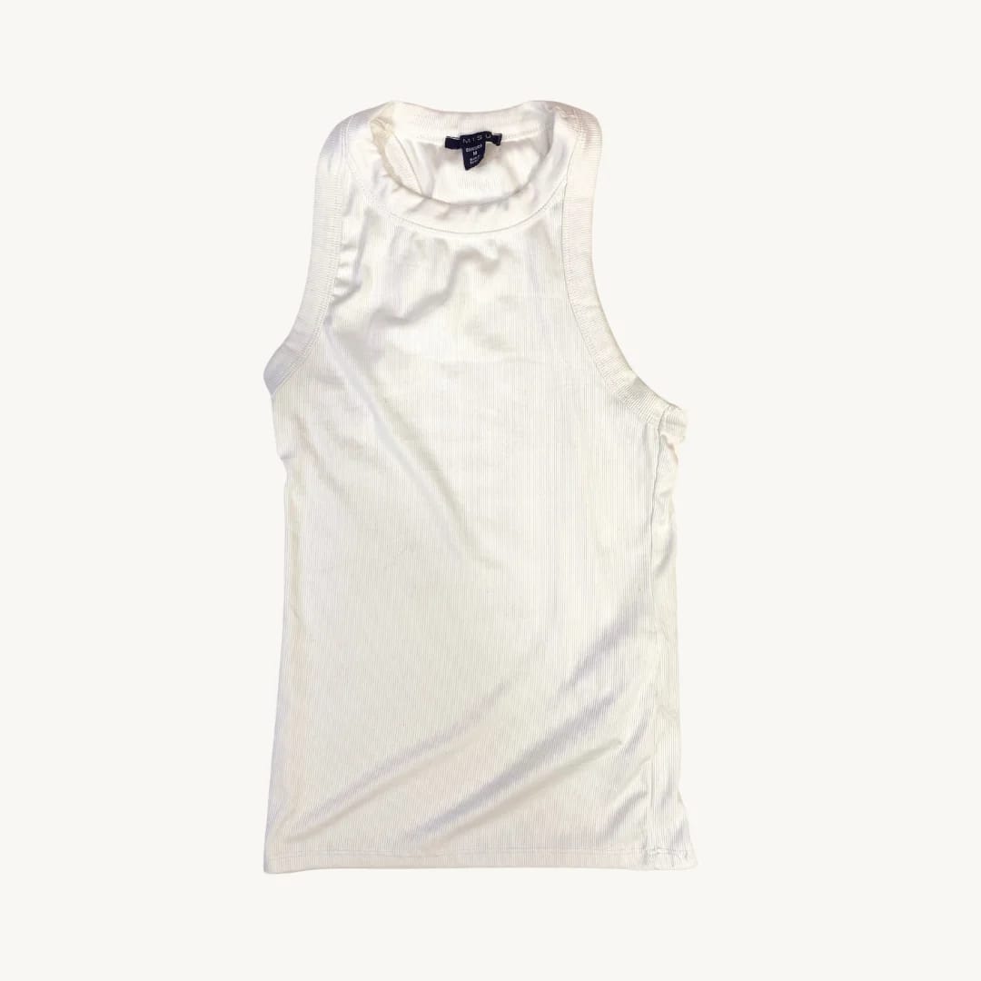 Tank Top Sin Mangas Acanalado con Cuello Alto en Blanco Crudo