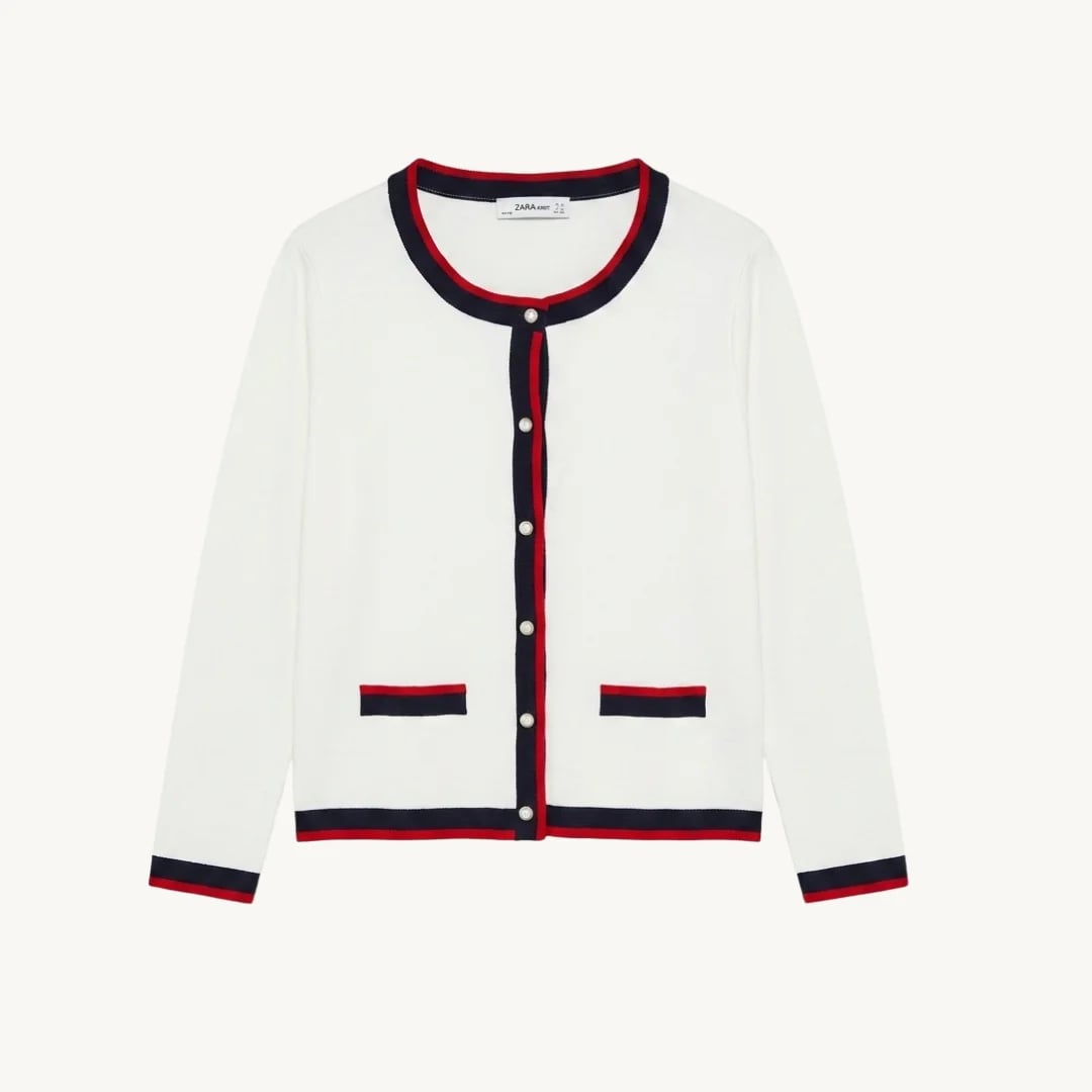 Cárdigan Zara Knit - Blanco con Ribetes en Contraste