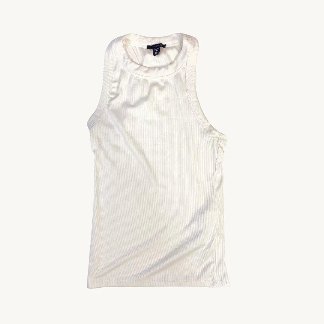 Tank Top Sin Mangas Acanalado con Cuello Alto en Blanco Crudo