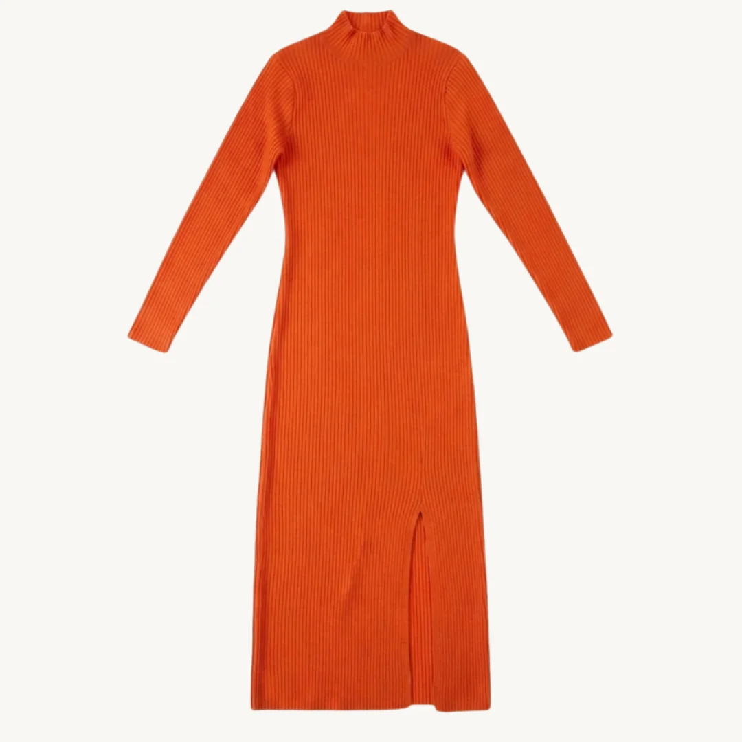Vestido Midi de Punto Acanalado Naranja