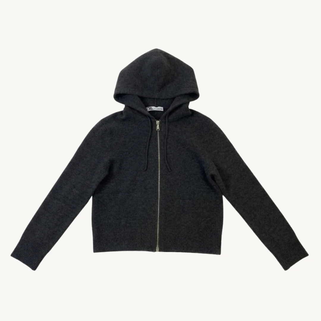 Polerón Zara de Punto Fino Gris Melange con Gorro