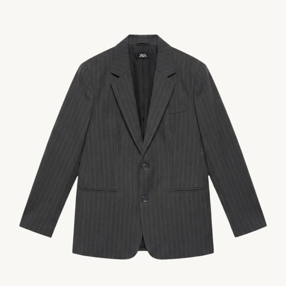 Blazer Zara Gris con Raya Diplomática Blanca