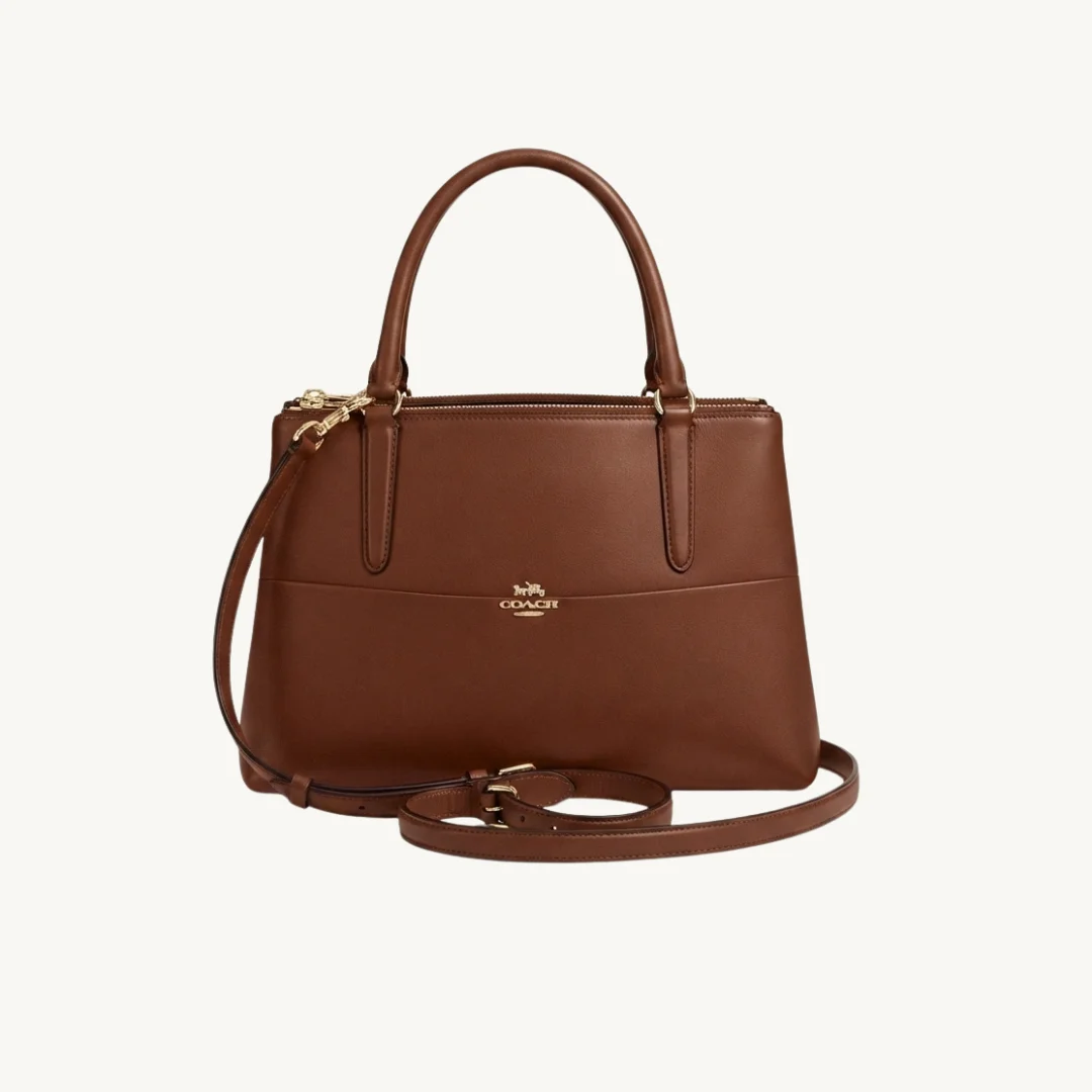Bolso Coach Satchel de Piel Graneada en Color Marrón con Triple Compartimento