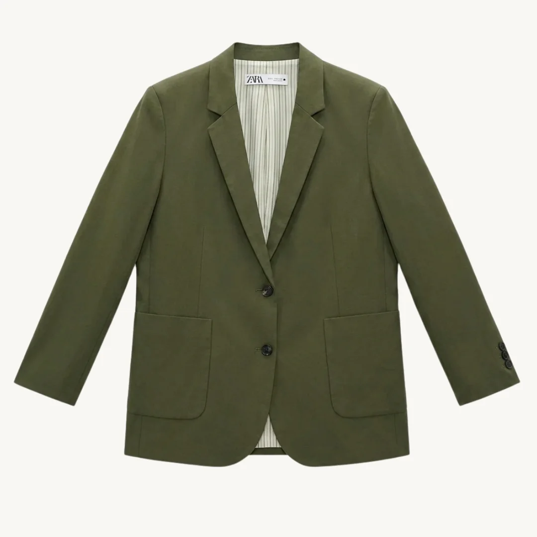 Blazer Vestón Zara Verde Oliva de Lino