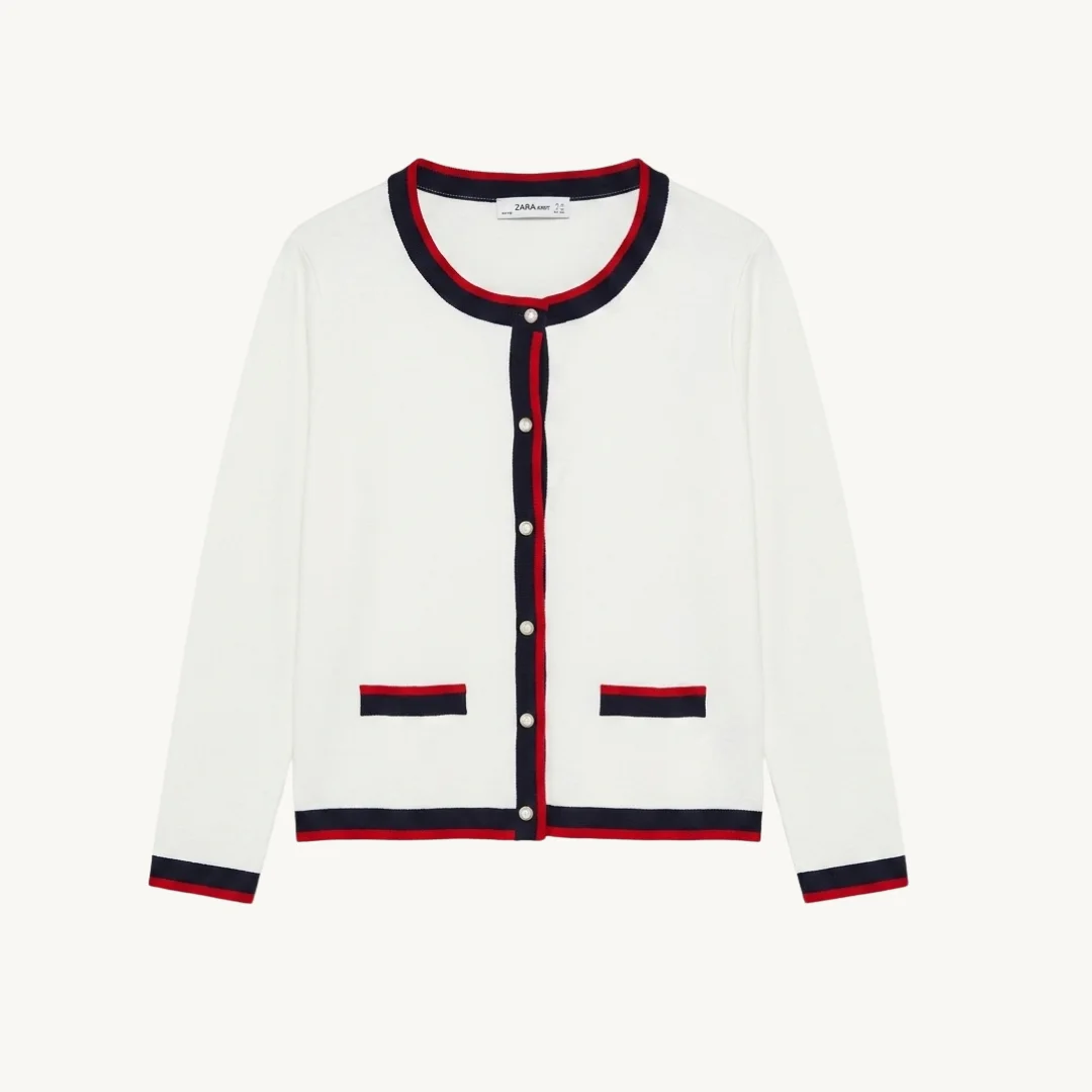 Cárdigan Zara Knit - Blanco con Ribetes en Contraste