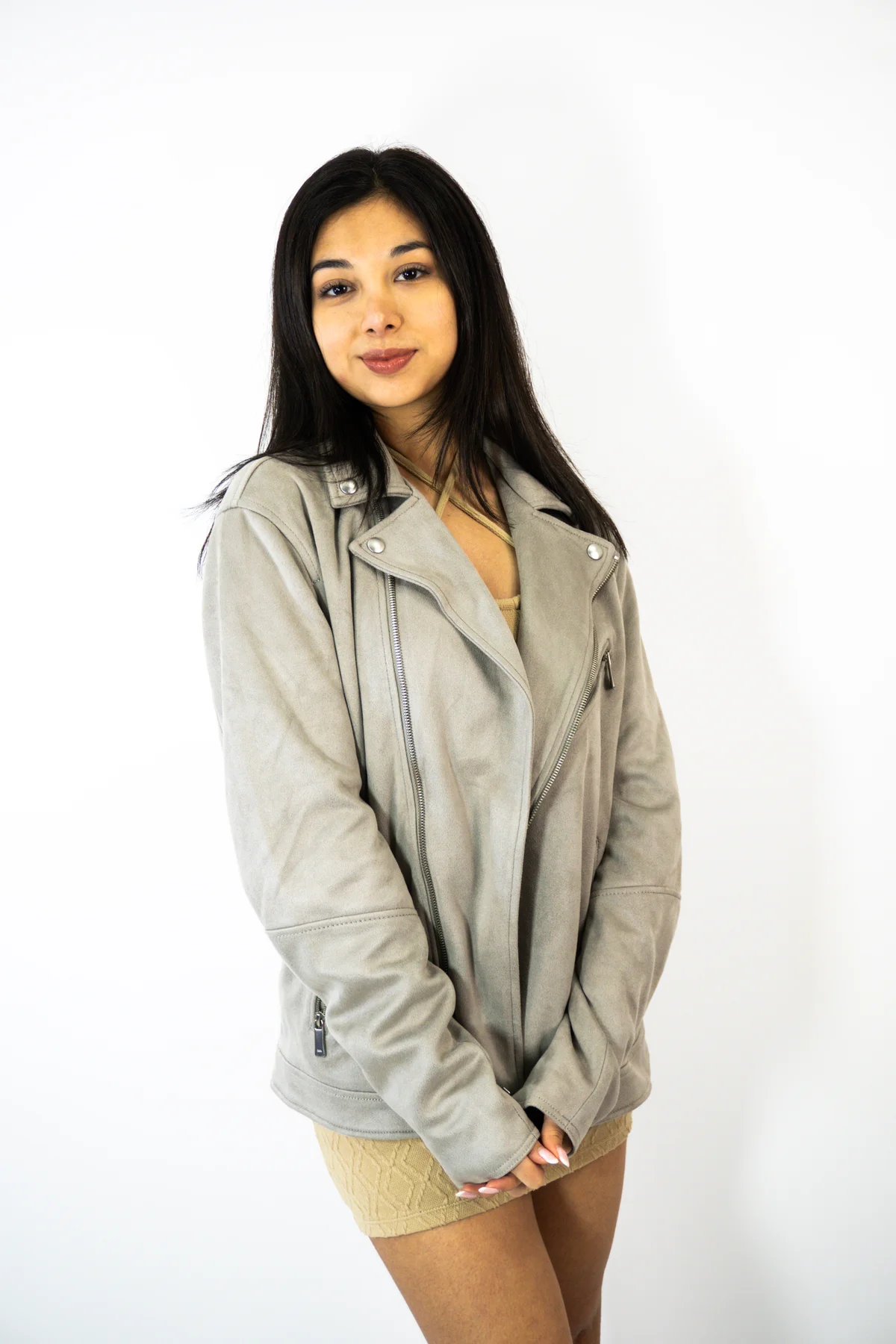 Chaqueta Biker Zara Gris Claro de Efecto Gamuza — foto 2