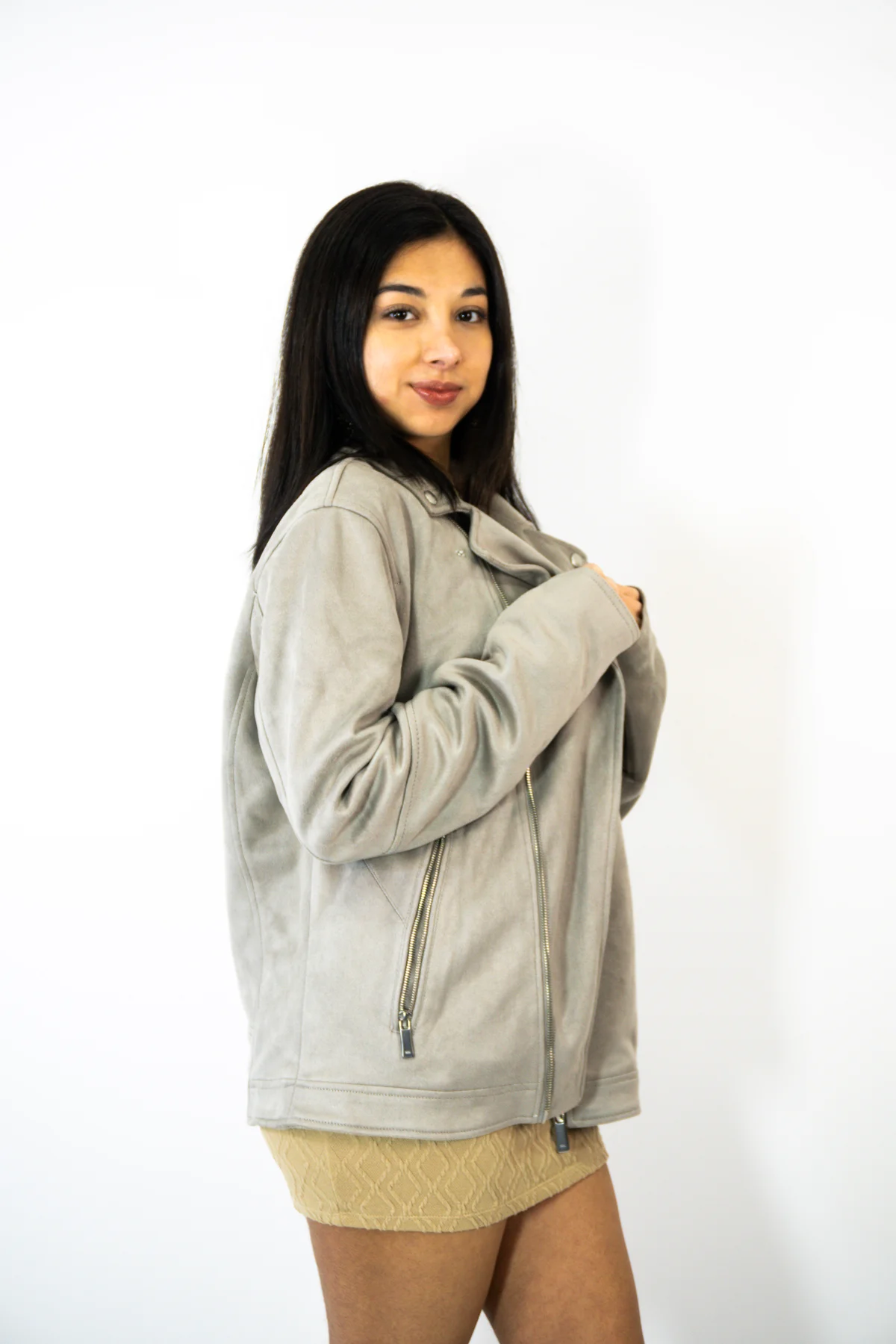 Chaqueta Biker Zara Gris Claro de Efecto Gamuza — foto 4