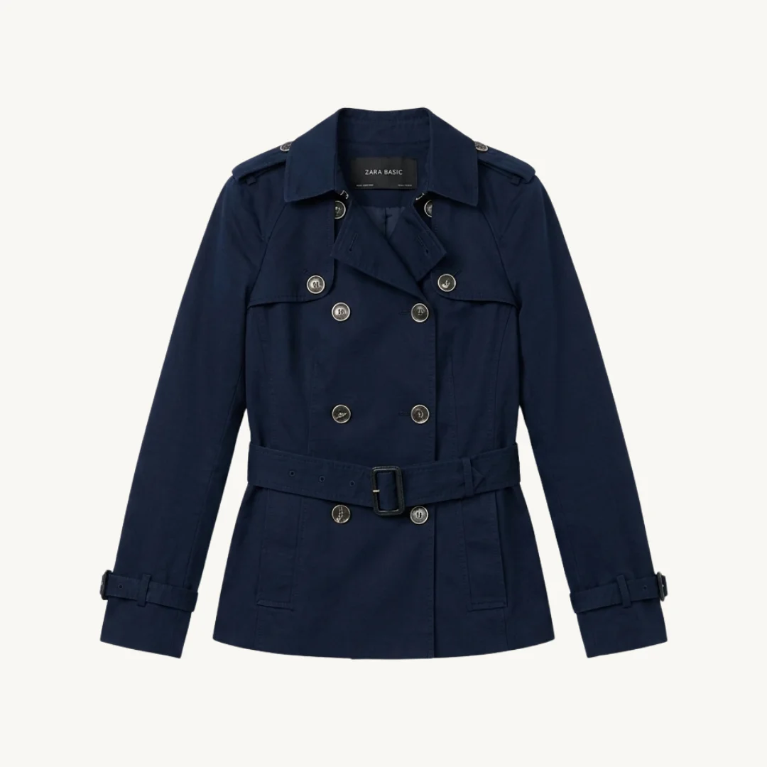 Gabardina Corta Zara Double-Breasted Azul Marino